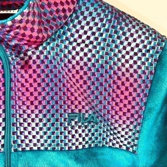 Fila Athleisure Green Teal Geometric Fleece Fur Full Zip Collared Jacket Size L - Picture 3 of 10